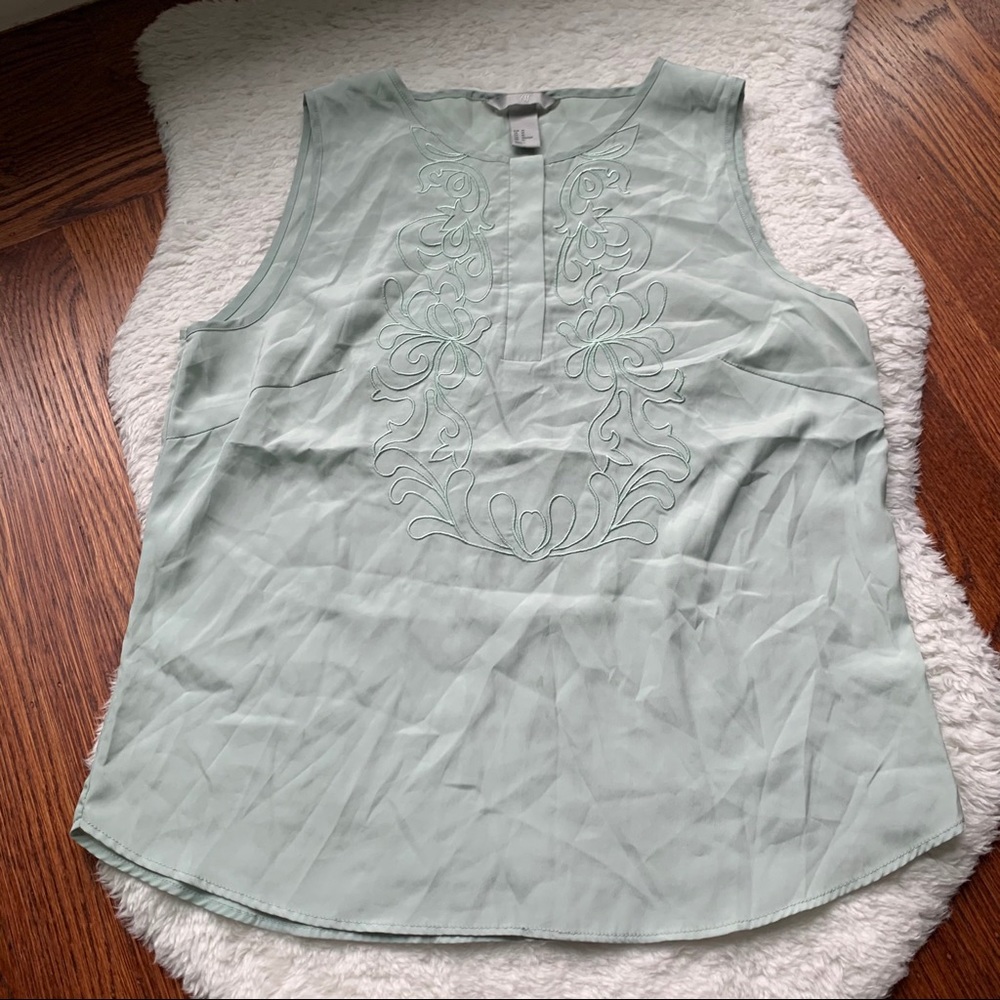 H&M Mint Sage Green Floral Embriodered Sleeveless Top